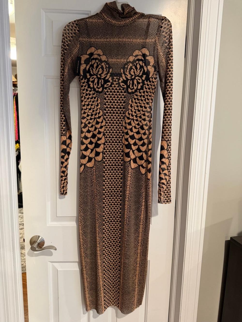 AFRM Long Sleeve Maxi Dress in Black & Tan Floral Pattern